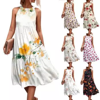 Женские летние платья без рукавов с принтом ко Дню святого Валентина, свободные, повседневные, с висячим вырезом, пляжные платья XXXXL бежевый