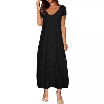 Женские летние платья больших размеров однотонные сексуальные с коротким рукавом и карманами свободного кроя XXL чёрный
