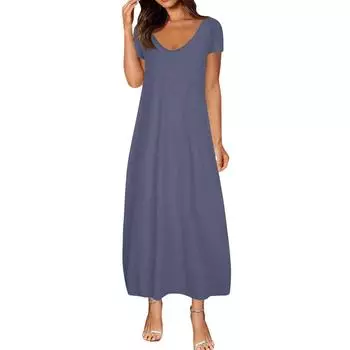 Женские летние платья больших размеров однотонные сексуальные с коротким рукавом и карманами свободного кроя M тёмно-синий