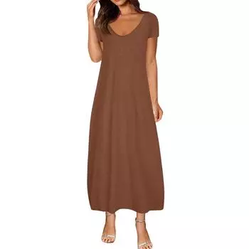 Женские летние платья больших размеров однотонные сексуальные с коротким рукавом и карманами свободного кроя S кофейный