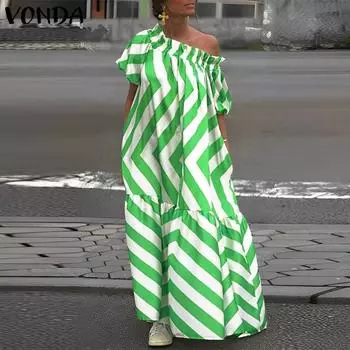 Женские летние платья большого размера с открытыми плечами и короткими рукавами в полоску с принтом M зелёный