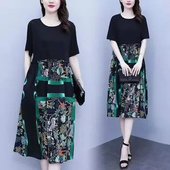 Женские летние платья для мам, большие размеры, свободная тонкая юбка, модная юбка средней длины с карманами M зелёный