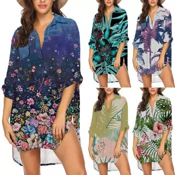 Женские летние платья для женщин 2022, повседневная пляжная блузка с карманами и пуговицами с принтом, платье XXL циан