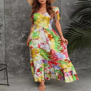 Женские летние платья-халат с принтом тай-дай в винтажном стиле на одно плечо без бретелек с длинной талией и большим свободным кроем one size разноцветный