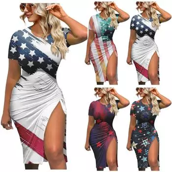 Женские летние платья ко Дню независимости, укороченное бальное платье с коротким рукавом и круглым вырезом L белый