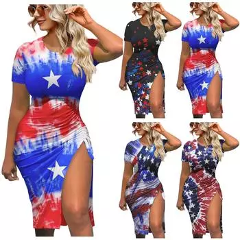 Женские летние платья ко Дню независимости, укороченное бальное платье с коротким рукавом и круглым вырезом