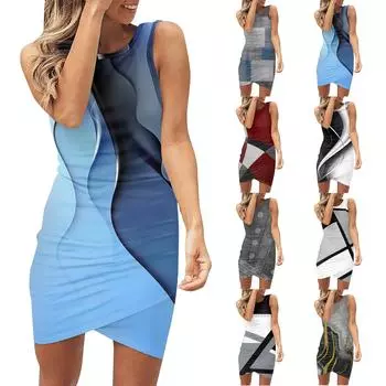 Женские летние платья-майки без рукавов с круглым вырезом и принтом, облегающие короткие повседневные облегающие вечерние платья L чёрный