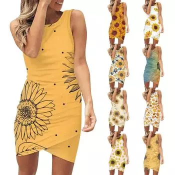 Женские летние платья-майки без рукавов с круглым вырезом и принтом, облегающие короткие повседневные облегающие вечерние платья L синий