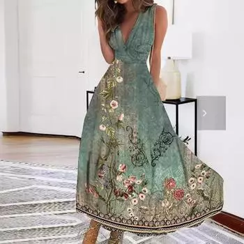 Женские летние платья-майки с V-образным вырезом и высокой талией без рукавов с принтом S павлин голубой