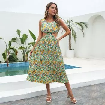 Женские летние платья-майки, сексуальное шифоновое платье с открытой талией, большое распашное платье средней длины, плиссированное платье с цветочным принтом для пляжа S зелёный