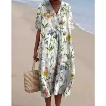 Женские летние платья макси с цветочным принтом, цветные, с V-образным вырезом, с коротким рукавом, повседневные, свободные, для отдыха, тренировок, пляжная одежда S белый