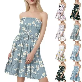 Женские летние платья Модные женские повседневные платья-бандо с цветочным принтом без рукавов L
