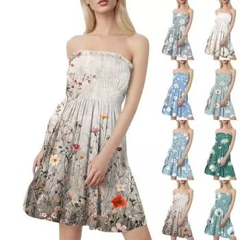 Женские летние платья Модные женские повседневные платья-бандо с цветочным принтом без рукавов XXL
