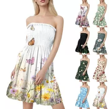 Женские летние платья Модные женские повседневные платья-бандо с цветочным принтом без рукавов S фиолетовый