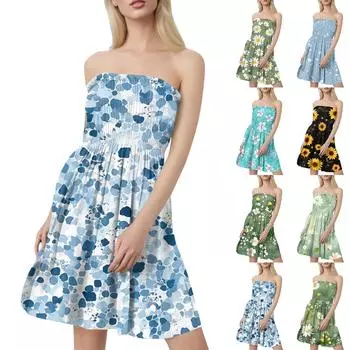 Женские летние платья Модные женские повседневные платья-бандо с цветочным принтом без рукавов L армия зеленый