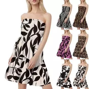 Женские летние платья Модные женские повседневные платья-бандо с цветочным принтом без рукавов L чёрный