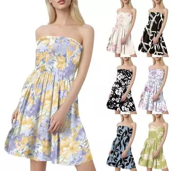 Женские летние платья Модные женские повседневные платья-бандо с цветочным принтом без рукавов L чёрный