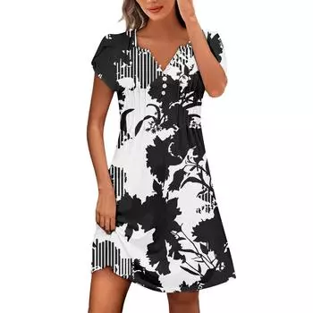 Женские летние платья на пуговицах с V-образным вырезом и рукавами-лепестками в винтажном стиле с цветочным принтом в стиле бохо-пляж S чёрный