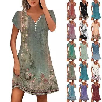 Женские летние платья на пуговицах с V-образным вырезом и рукавами-лепестками в винтажном стиле с цветочным принтом в стиле бохо-пляж XXL чёрный