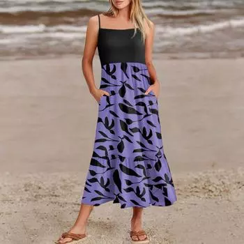 Женские летние платья на тонких бретельках в стиле пэчворк для пляжного отдыха с цветочным принтом и карманами L фиолетовый