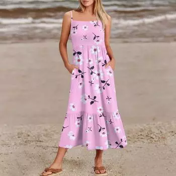 Женские летние платья на тонких бретельках в стиле пэчворк для пляжного отдыха с цветочным принтом и карманами S розовый