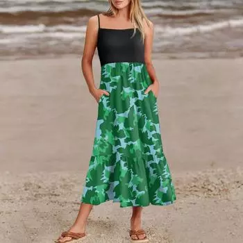 Женские летние платья на тонких бретельках в стиле пэчворк для пляжного отдыха с цветочным принтом и карманами M зелёный