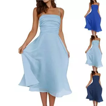 Женские летние платья на тонких бретельках без рукавов, со сборками, струящиеся, миди, свадебное платье для гостей с карманами L чёрный