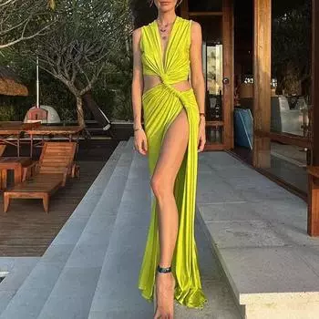 Женские летние платья нестандартной формы без рукавов с разрезом и V-образным вырезом S зелёный