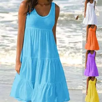Женские летние платья Одежда Повседневное платье без рукавов Свободные платья-майки Сплошное платье трапециевидного цвета Платья с открытыми плечами Пляжная одежда Платья S белый