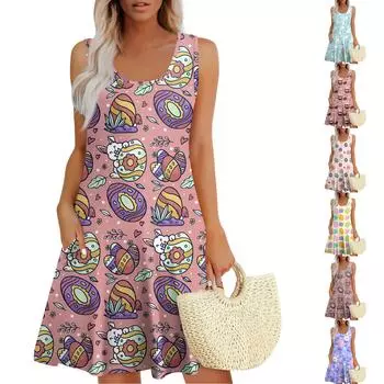 Женские летние платья Пасхальный принт Свободные сарафаны без рукавов с U-образным вырезом Платье с карманами XXL бежевый
