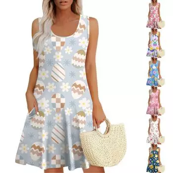 Женские летние платья Пасхальный принт Свободные сарафаны без рукавов с U-образным вырезом Платье с карманами M