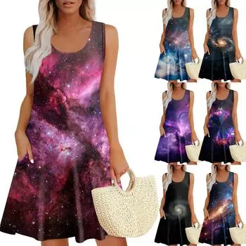 Женские летние платья Пасхальный принт Свободные сарафаны без рукавов с U-образным вырезом Платье с карманами L чёрный