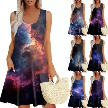 Женские летние платья Пасхальный принт Свободные сарафаны без рукавов с U-образным вырезом Платье с карманами L чёрный