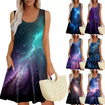 Женские летние платья Пасхальный принт Свободные сарафаны без рукавов с U-образным вырезом Платье с карманами L чёрный