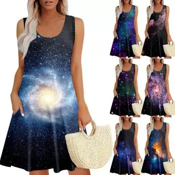 Женские летние платья Пасхальный принт Свободные сарафаны без рукавов с U-образным вырезом Платье с карманами S оранжевый