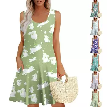 Женские летние платья Пасхальный принт Свободные сарафаны без рукавов с U-образным вырезом Платье с карманами M