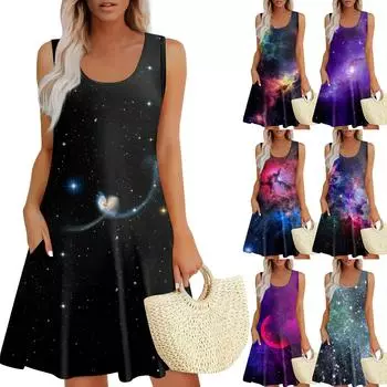 Женские летние платья Пасхальный принт Свободные сарафаны без рукавов с U-образным вырезом Платье с карманами XXXL