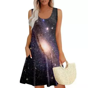 Женские летние платья Пасхальный принт Свободные сарафаны без рукавов с U-образным вырезом Платье с карманами S темно-синий