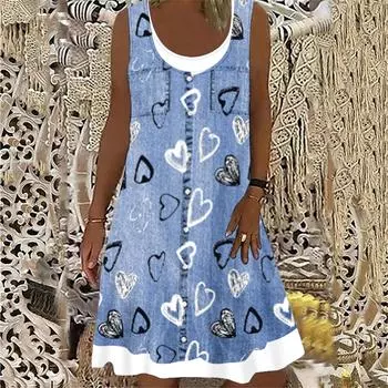 Женские летние платья Платье без рукавов с круглым вырезом и принтом Искусственные платья из двух частей L светло-синий