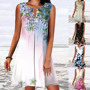 Женские летние платья Платье без рукавов с круглым вырезом и пуговицами с принтом Платья L синий