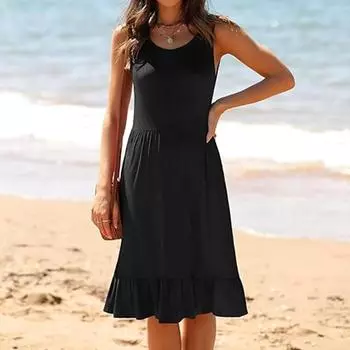 Женские летние платья Повседневное женское платье-майка с круглым вырезом Плиссированное платье с рюшами S чёрный