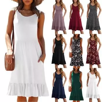 Женские летние платья Повседневное женское платье-майка с круглым вырезом Плиссированное платье с рюшами