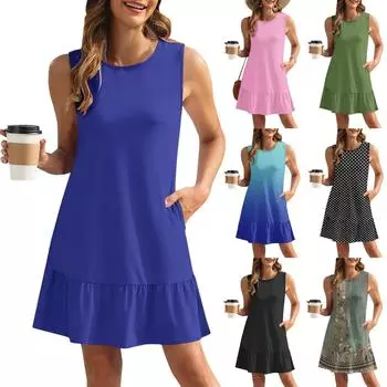 Женские летние платья повседневного покроя для отдыха без рукавов с оборками по подолу, сарафан, свободное пляжное платье-майка с карманами L