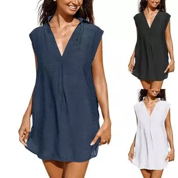 Женские летние платья Повседневные без рукавов с глубоким v-образным вырезом из хлопка и льна Пляжные солнцезащитные платья L чёрный