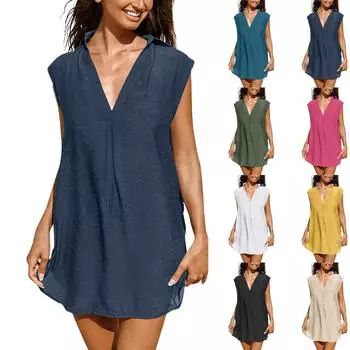 Женские летние платья Повседневные без рукавов с глубоким v-образным вырезом из хлопка и льна Пляжные солнцезащитные платья L чёрный