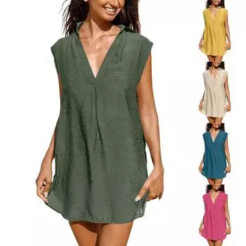 Женские летние платья Повседневные без рукавов с глубоким v-образным вырезом из хлопка и льна Пляжные солнцезащитные платья L