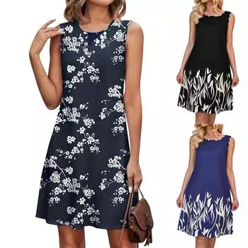 Женские летние платья Повседневные платья без рукавов с круглым вырезом и принтом в стиле океана XL