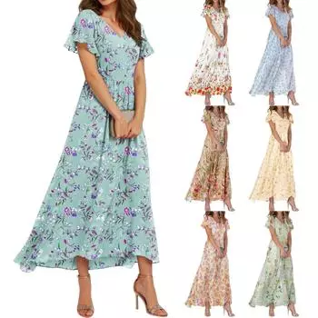 Женские летние платья Повседневные платья макси с короткими рукавами Милые макси-платья с цветочным принтом Платья для гостей свадьбы Шифоновые струящиеся платья M