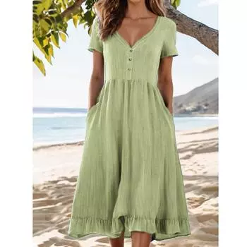 Женские летние платья Повседневный сарафан с квадратным вырезом Свободные струящиеся короткие платья-майки L зелёный