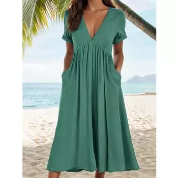 Женские летние платья Повседневный сарафан с квадратным вырезом Свободные струящиеся короткие платья-майки L зелёный